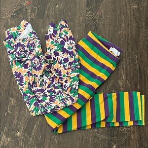 TWO pairs of Mardi Gras leggings faux Tie Dye and Striped